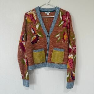 Sundance Multicolor Floral Knit Cardigan with Blue Trim